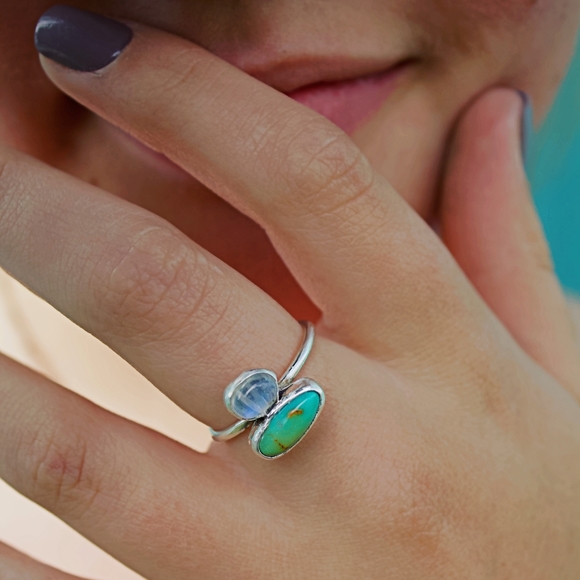 Moonstone and Blue Gem Turquoise Silver Ring - Picture 2 of 2